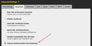 The tcpdump option is located under the 'Advanced' tab when you configure your test.