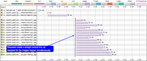 HTTP/2 waterfall showing the simultaneous image requests by the browser. The browser will stream the image data back via a single connection.