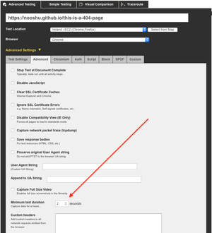 Force WPT to measure the performance of a 404 page by setting a minimum test duration.