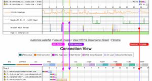 The two views are on the same timeline, so you can scroll between them to identify information about both requests and connections very quickly.