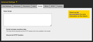 The script tab holds a textarea that allows you to enter scripts using the WPT scripting language.