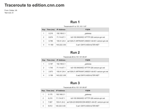 Traceroute showing 3 runs from Dulles, VA to CNN.com.