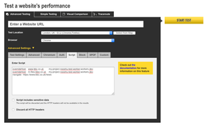 Basic setup of how to run a scripted test in WebPageTest.