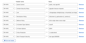 The 9 static response headers I've added can be seen in this screenshot. They are listed as text below if required.