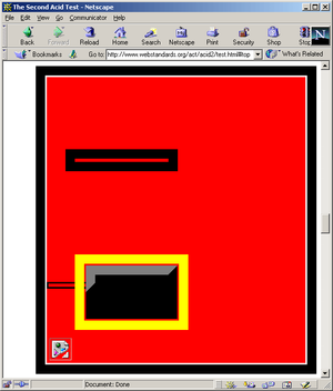 Another face accident rendered by Netscape 4.8 a big red box surrounded by a solid black border and broken image icon in the bottom left corner!
