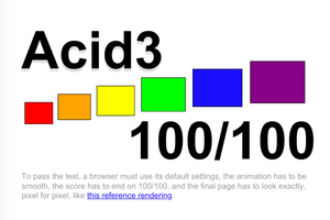 The Acid3 test comprised of a set of 6 rainbow coloured boxes (Red to Indigo). The score out of 100 was shown directly below these coloured boxes