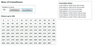 Sieve of Eratosthenes using JavaScript Caption: The sieve in action showing prime numbers up to 500.