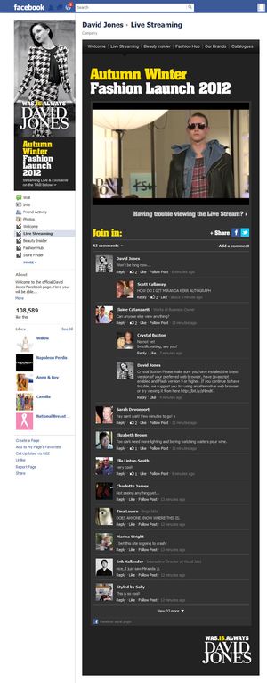 David Jones live streaming Facebook application page 3.